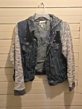 Torrid Jacket Womens 2 Hooded Denim Trucker Knit Sleeve Blue Gray Layering